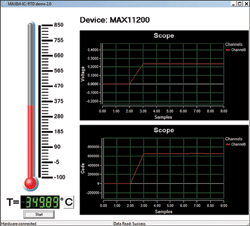 Figure 4. DAS software collects the data generated by the evaluation (EV) kit for the MAX11200 ADC. The PC processes this data using Equation 4 and supplies temperature output in &deg;C or &deg;F. Complementary scope outputs conveniently provide PRTD voltage and code that is useful for system analyses and further engineering development.
